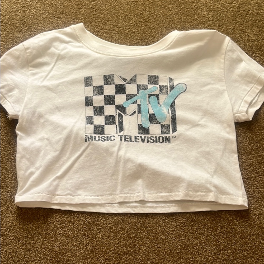 MTV White and Blue Baby Tee - Medium